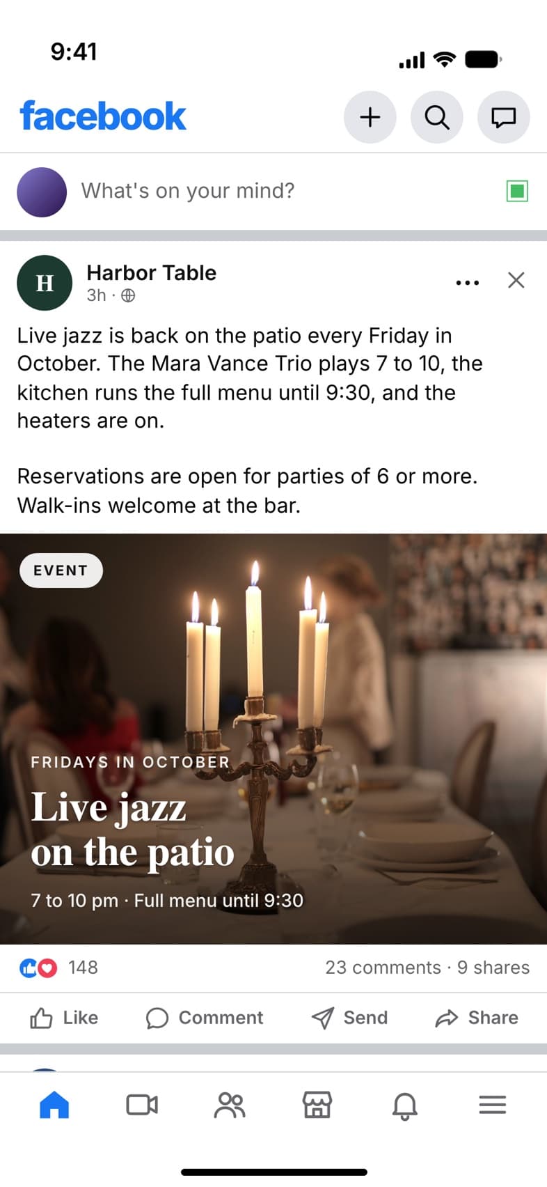 Facebook event post from Harbor Table: live jazz on the patio every Friday in October