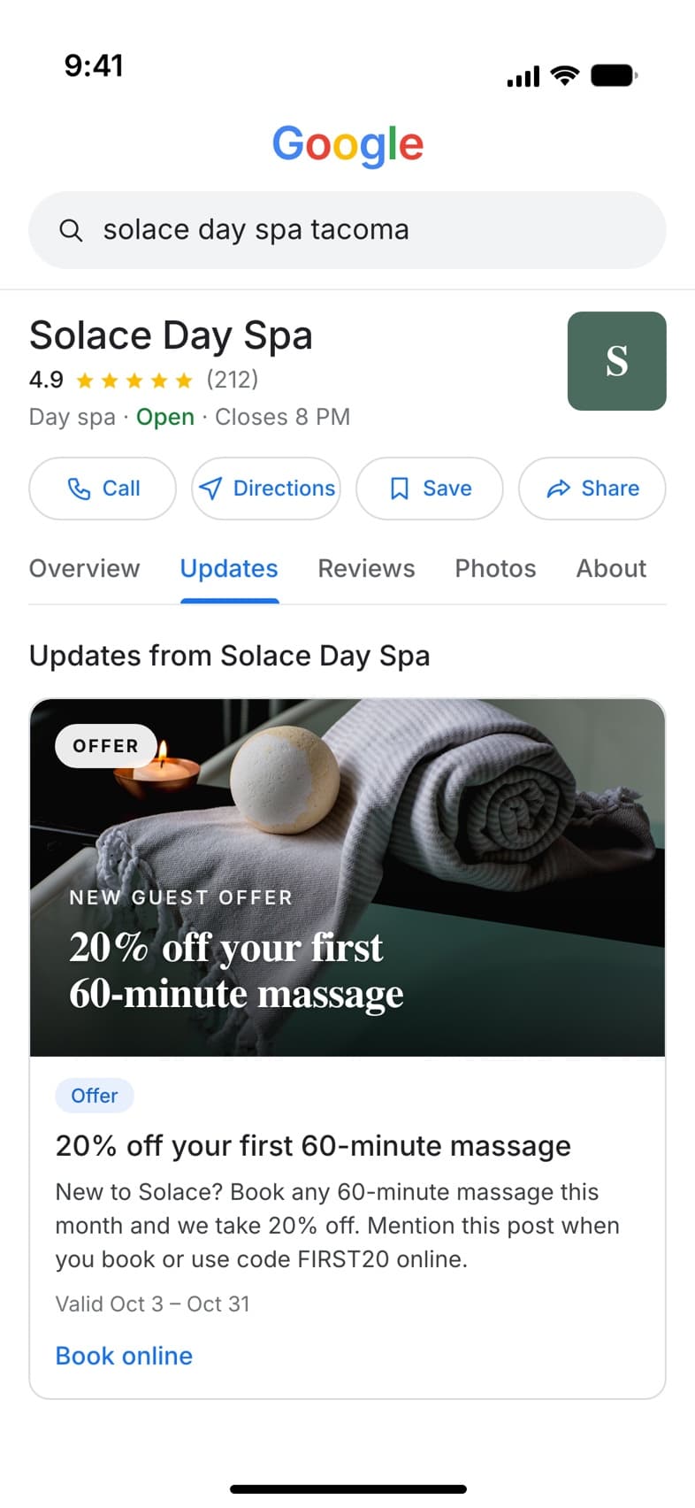 Google Business Profile offer from Solace Day Spa: 20% off your first 60-minute massage