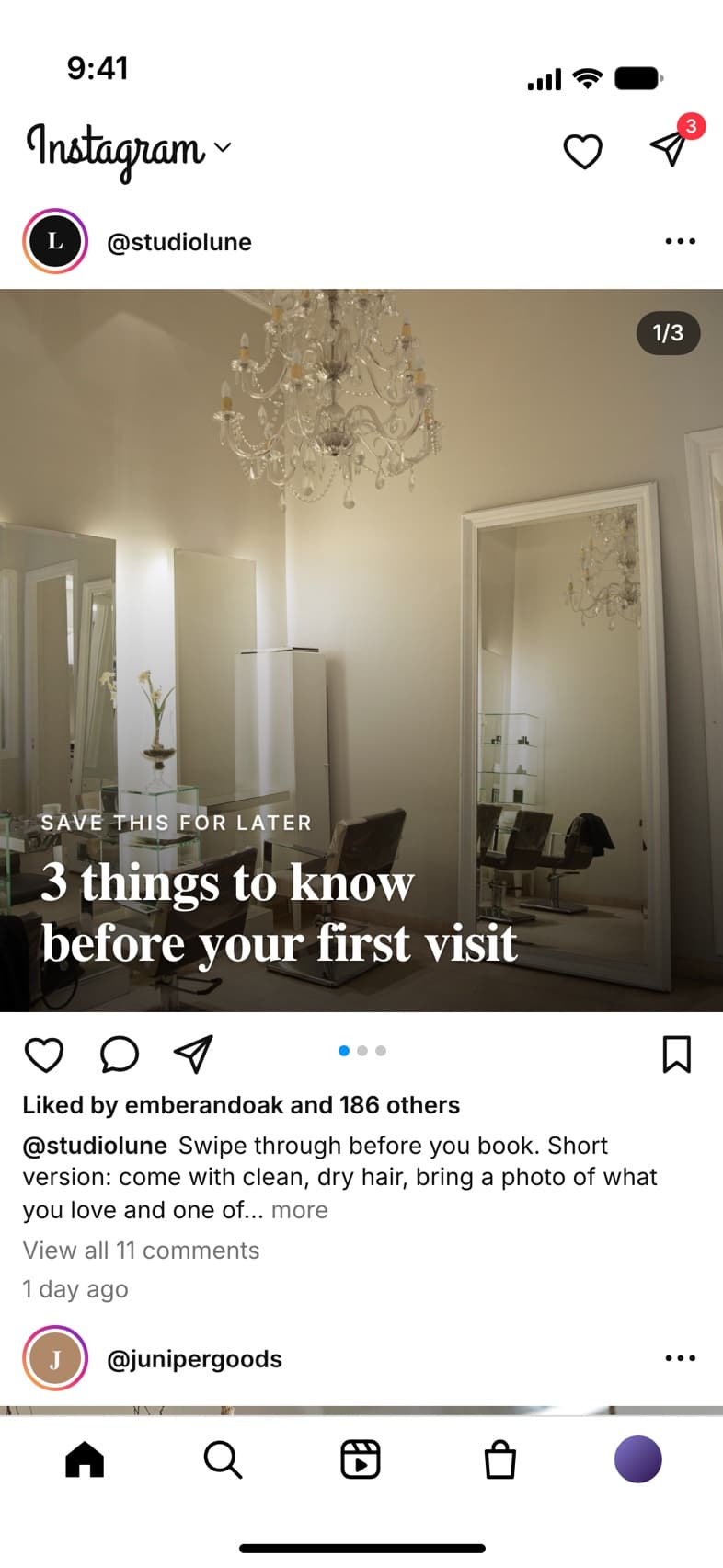 Instagram carousel from Studio Lune: three things to know before your first salon visit