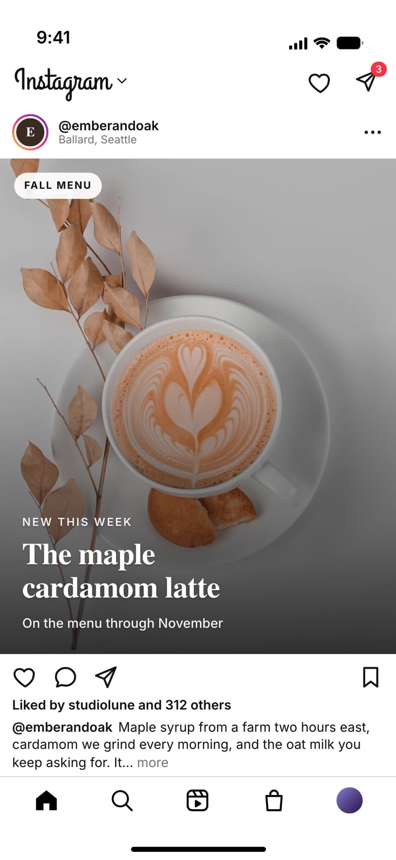 Instagram post from Ember & Oak Coffee announcing a maple cardamom latte on the fall menu
