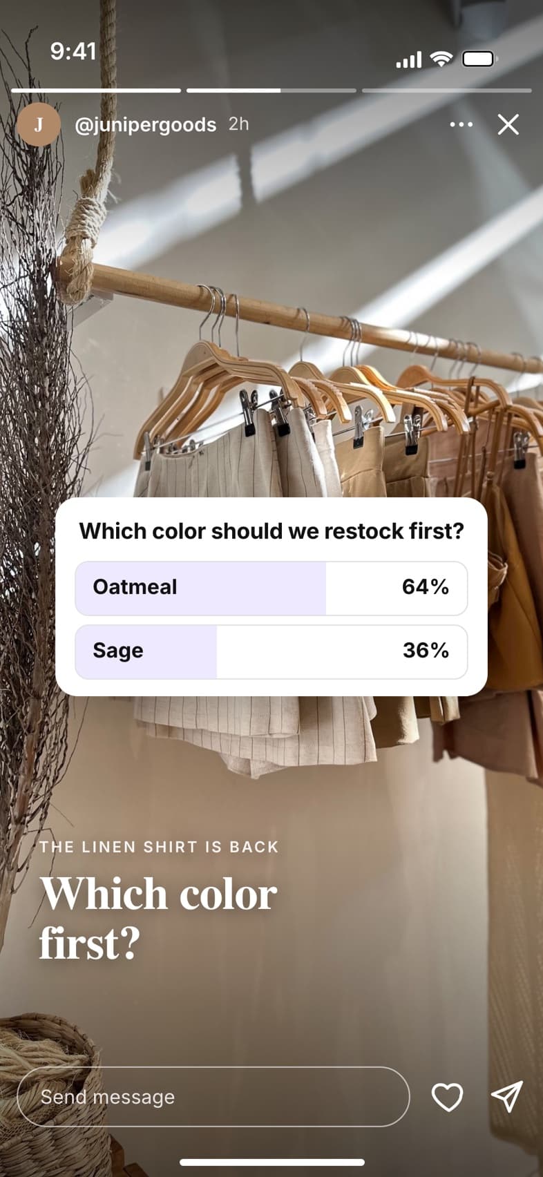 Instagram Story from Juniper Goods with a poll asking which linen shirt color to restock first