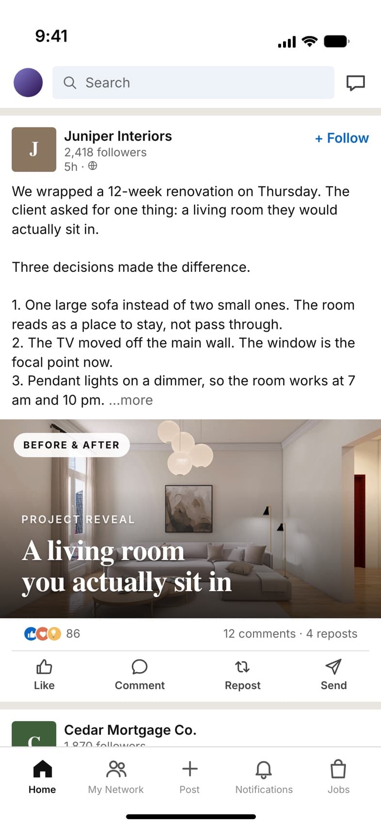 LinkedIn post from Juniper Interiors revealing a living room renovation and the three decisions behind it
