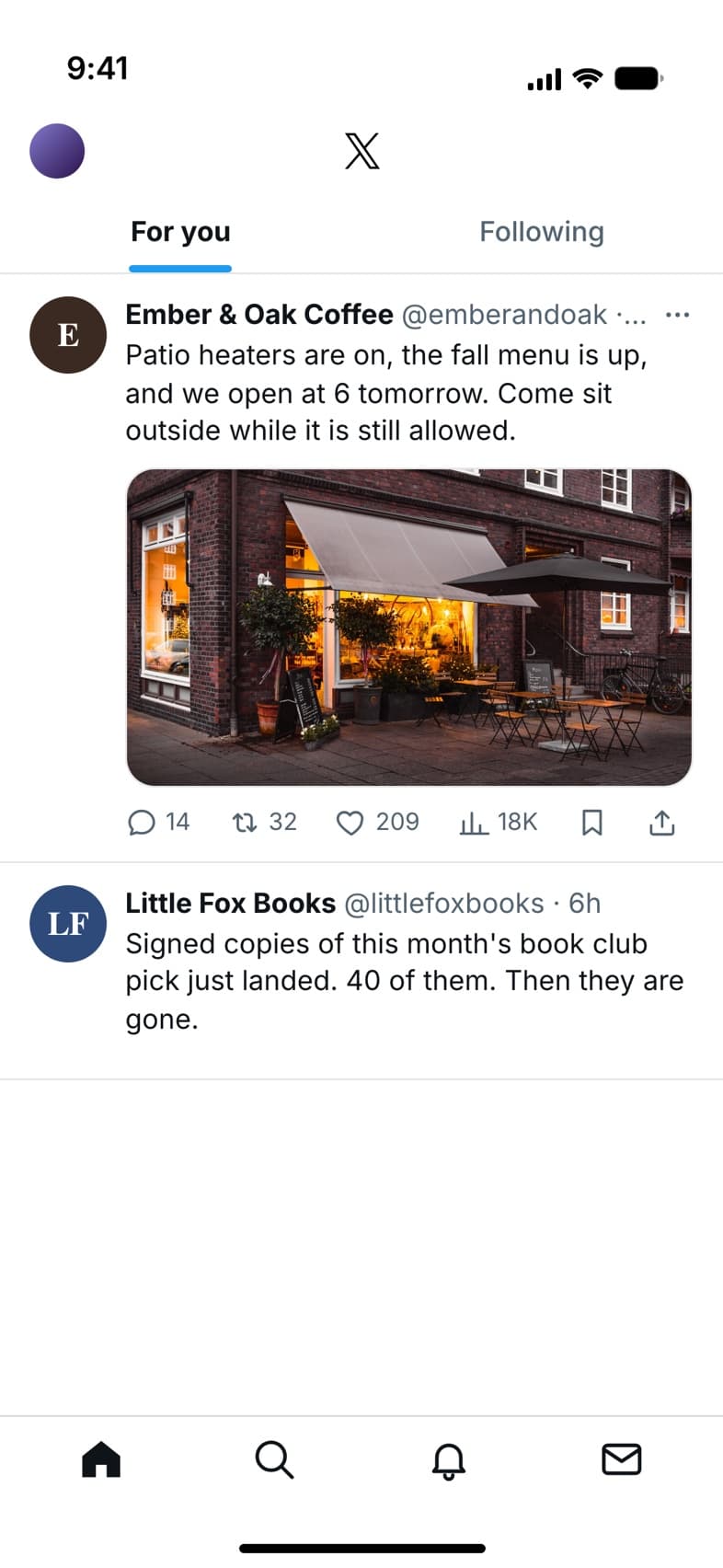 X post from Ember & Oak Coffee: patio heaters on, fall menu up, open at 6 tomorrow